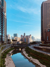 Canal amidst buildings in city against sky