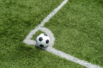 High angle view of soccer ball on field