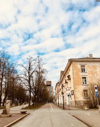 Street amidst houses and trees against sky