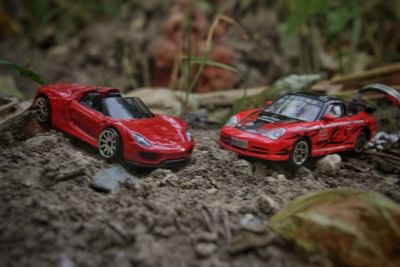 Close-up of toy car on field