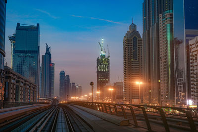 Illuminated buildings in city