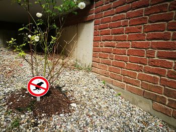 Road sign against brick wall