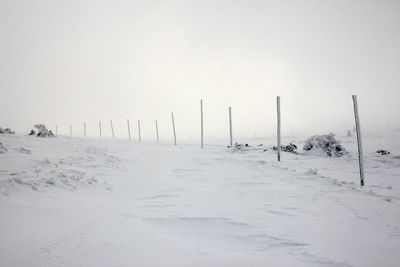 Snow covered land against clear sky