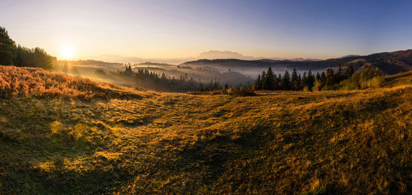 A peaceful sunrise over fagaras mountains,  holbav village, brasov county, romania