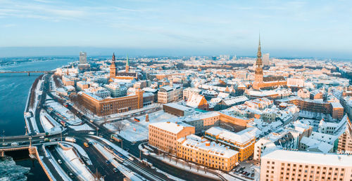 Aerial view of the winter riga old town