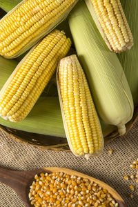 High angle view of corn on table