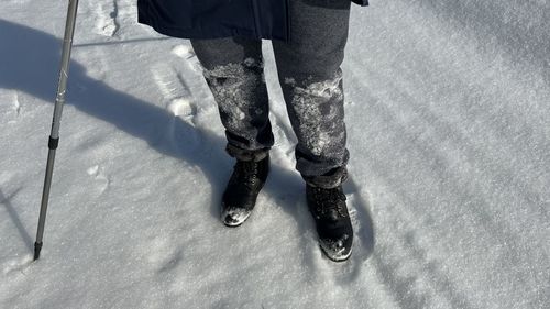 Low section of man standing on snow