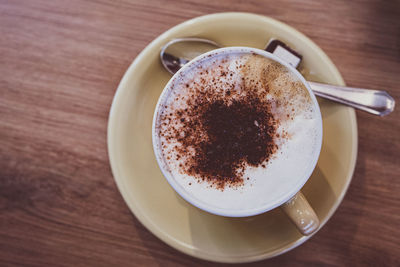 High angle view of coffee on table