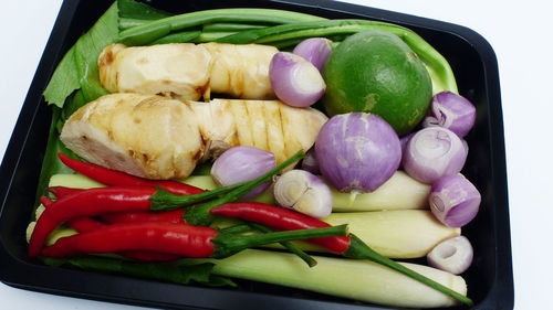 High angle view of vegetables in container