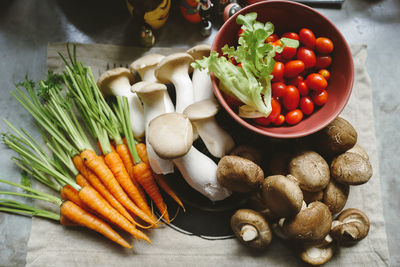 High angle view of chopped vegetables in bowl on table