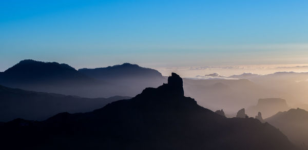 Scenic view of silhouette mountains against clear blue sky during sunset