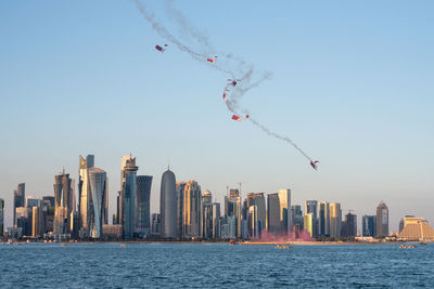 Aerial view of modern buildings against clear sky