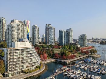 Buildings in city against clear sky