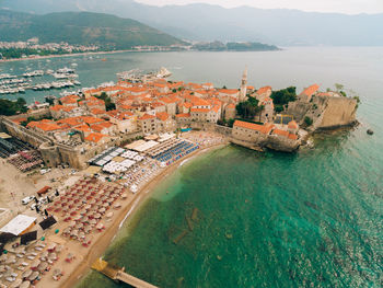 High angle view of buildings in sea