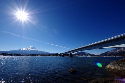 Bridge over lake by mt fuji against blue sky on sunny day