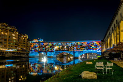 Illuminated bridge over river by buildings against clear sky at night