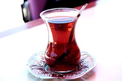 Close-up of tea in glass on table