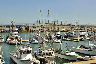 Boats moored at harbor against clear sky