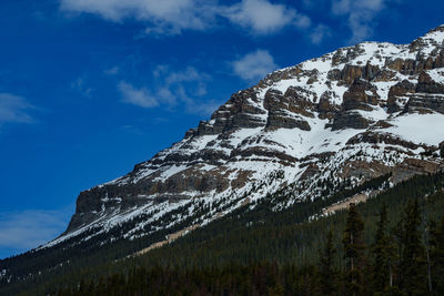Low angle view of snowcapped mountains against sky