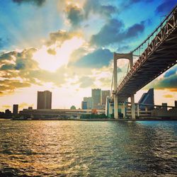 Bridge over river with city in background