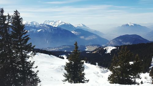 Scenic view of snowcapped mountains against sky