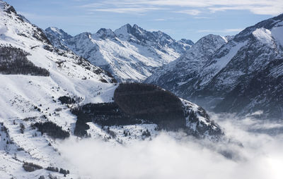 Scenic view of snow covered mountains against sky