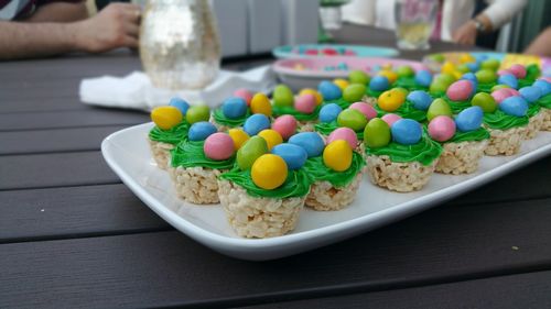 Close-up of multi colored easter eggs on table