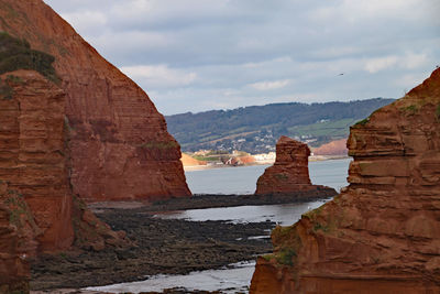 View of rock formations against cloudy sky