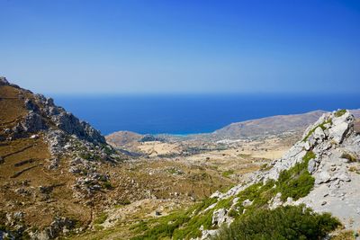 Scenic view of sea against clear blue sky