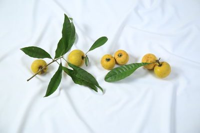 High angle view of fruits on bed