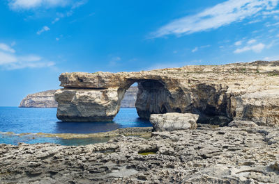 Rock formation called azure window on maltese island of gozo, destroyed in 2017 during storm