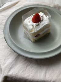 High angle view of cake in plate on table