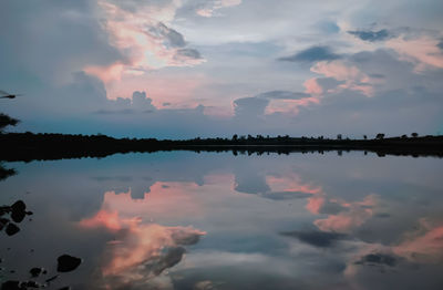 Scenic view of lake against sky during sunset