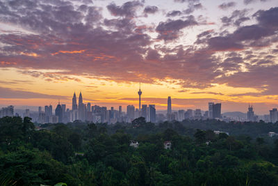 View of buildings against cloudy sky during sunset