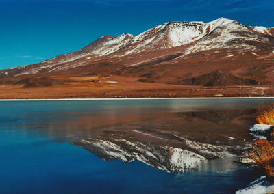 Scenic view of snowcapped mountains and lake against blue sky