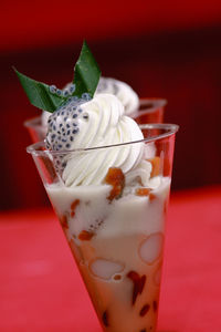 Close-up of drink served on table