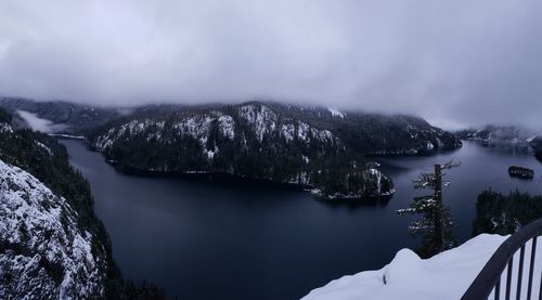 Scenic view of lake by snowcapped mountains against sky