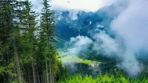 Scenic view of waterfall in forest against sky