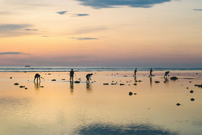 Silhouette people at beach against sky during sunset