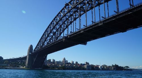 Low angle view of bridge over river against blue sky