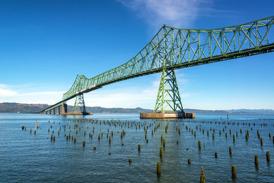 View of bridge over river against blue sky