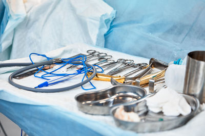 High angle view of objects on table