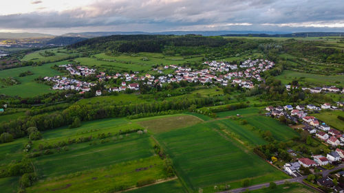 High angle view of agricultural field against sky