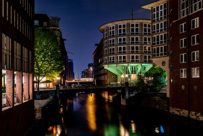 Reflection of illuminated buildings in canal at night