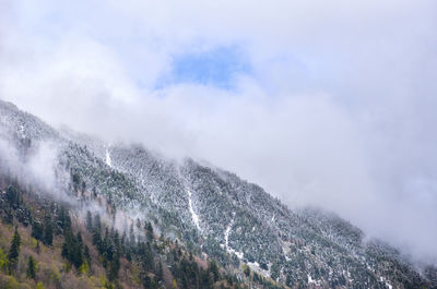 Low angle view of snowcapped mountain against sky