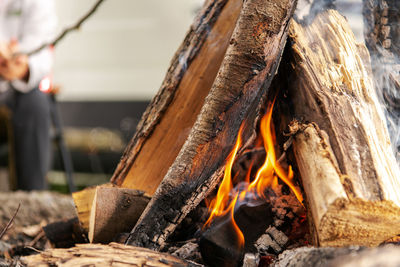 Close-up of fire on wood