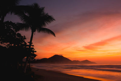 Silhouette palm trees on beach against romantic sky at sunset