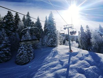 Overhead cable car in winter on sunny day