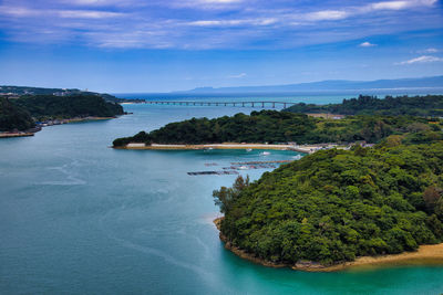 It is a beautiful distant view of kouri ohashi in okinawa.