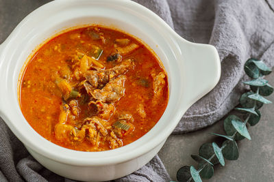 High angle view of soup in bowl on table